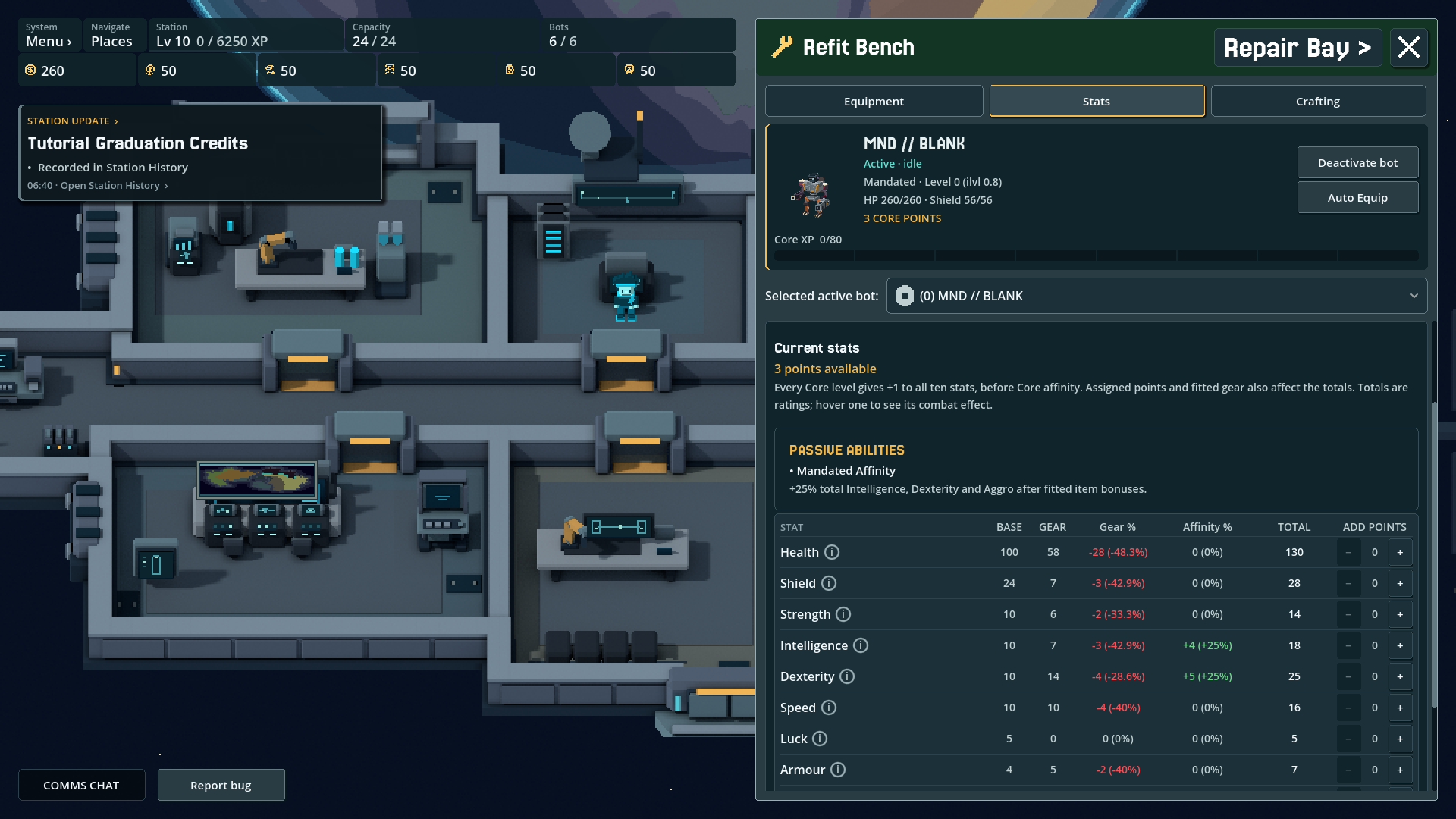 TAIXU refit bench showing the selected bot's stat breakdown