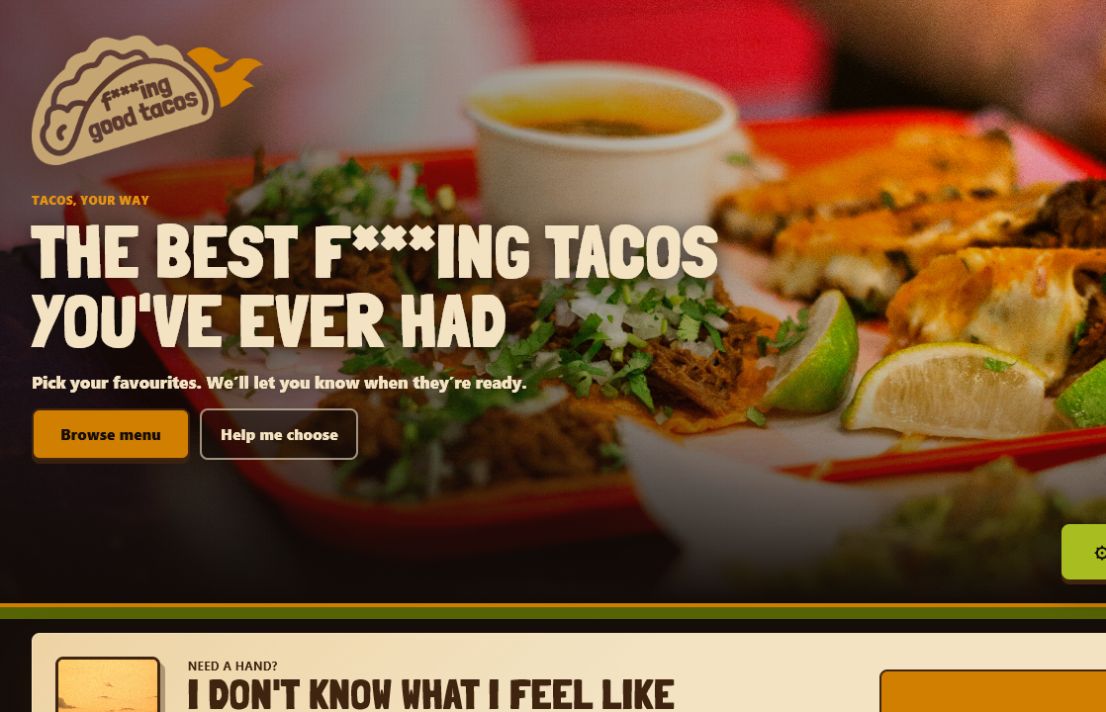 F***ing Good Tacos hero banner with taco platter and ordering actions
